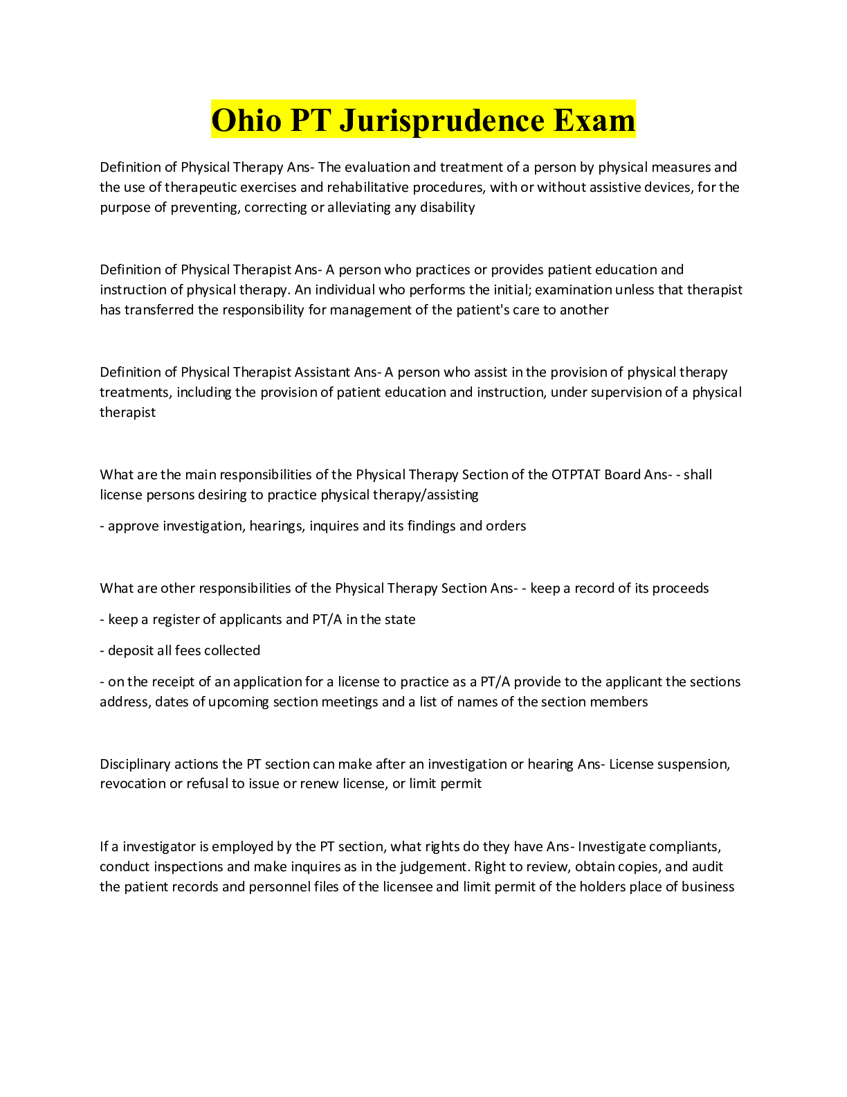 Preview image for Ohio PT Jurisprudence Exam